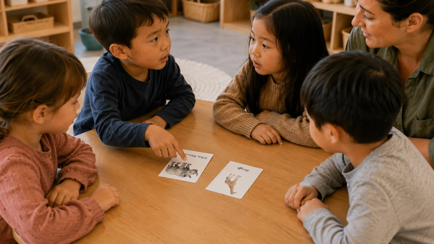 Children pointing at and discussing two animal flashcards with their teacher