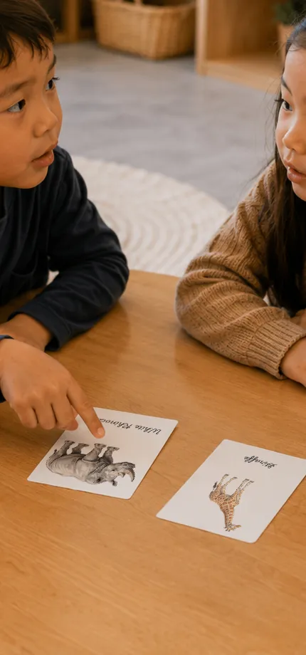 Two children comparing two flashcards side by side