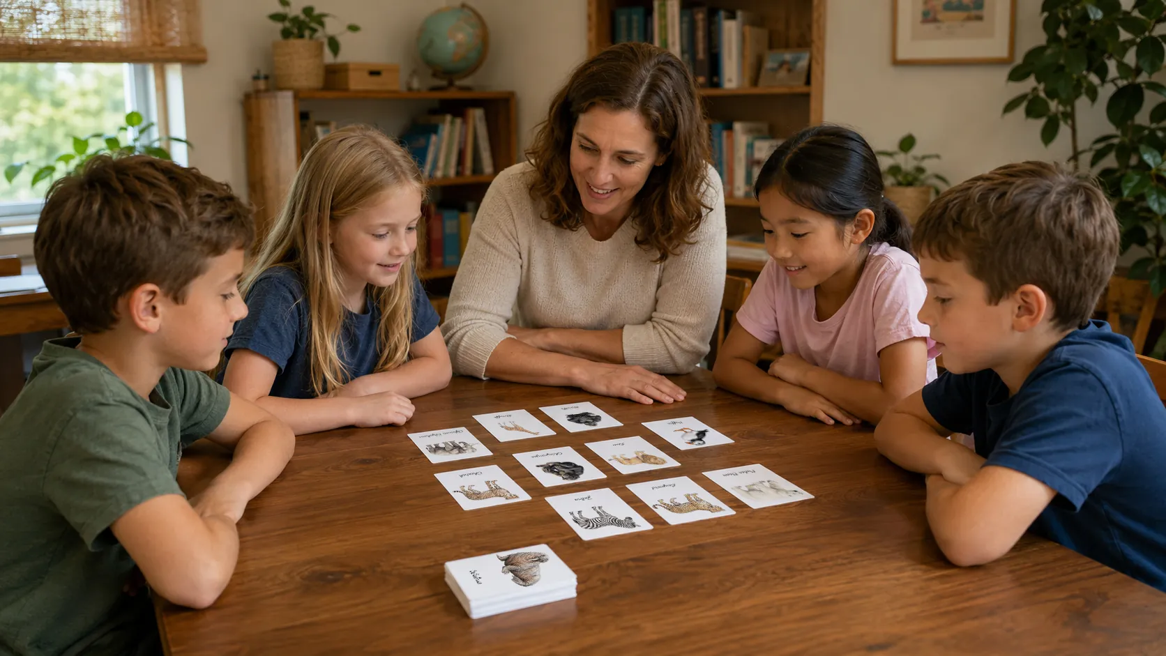 A parent and four children matching animal flashcards at a wooden table