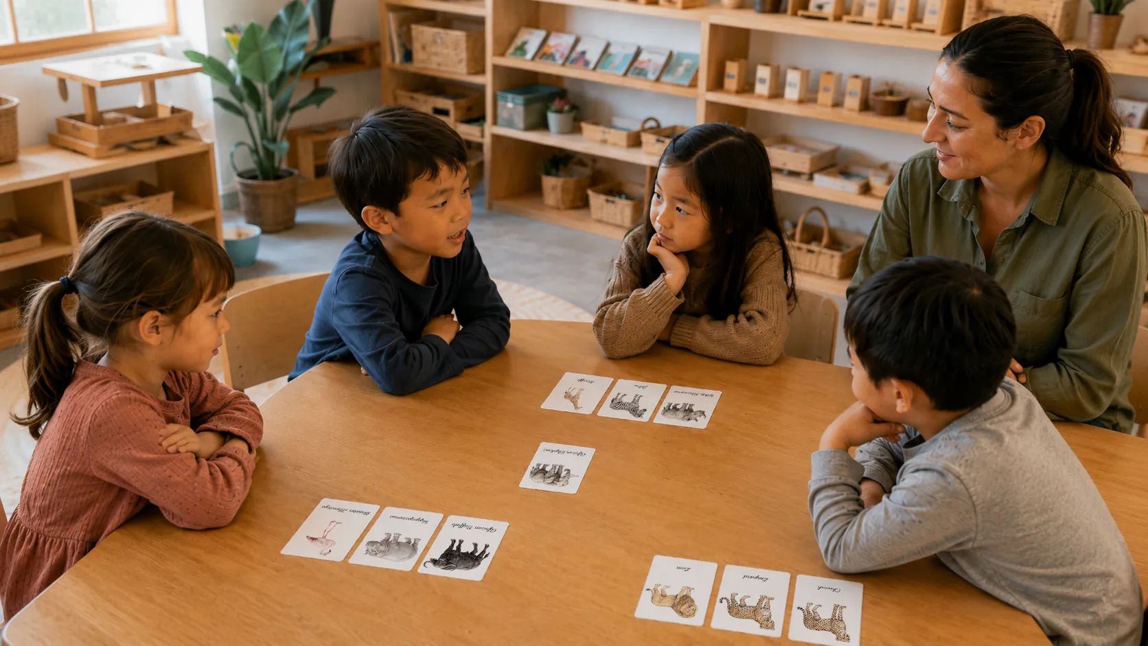 A child and teacher at the end of a flashcard lesson