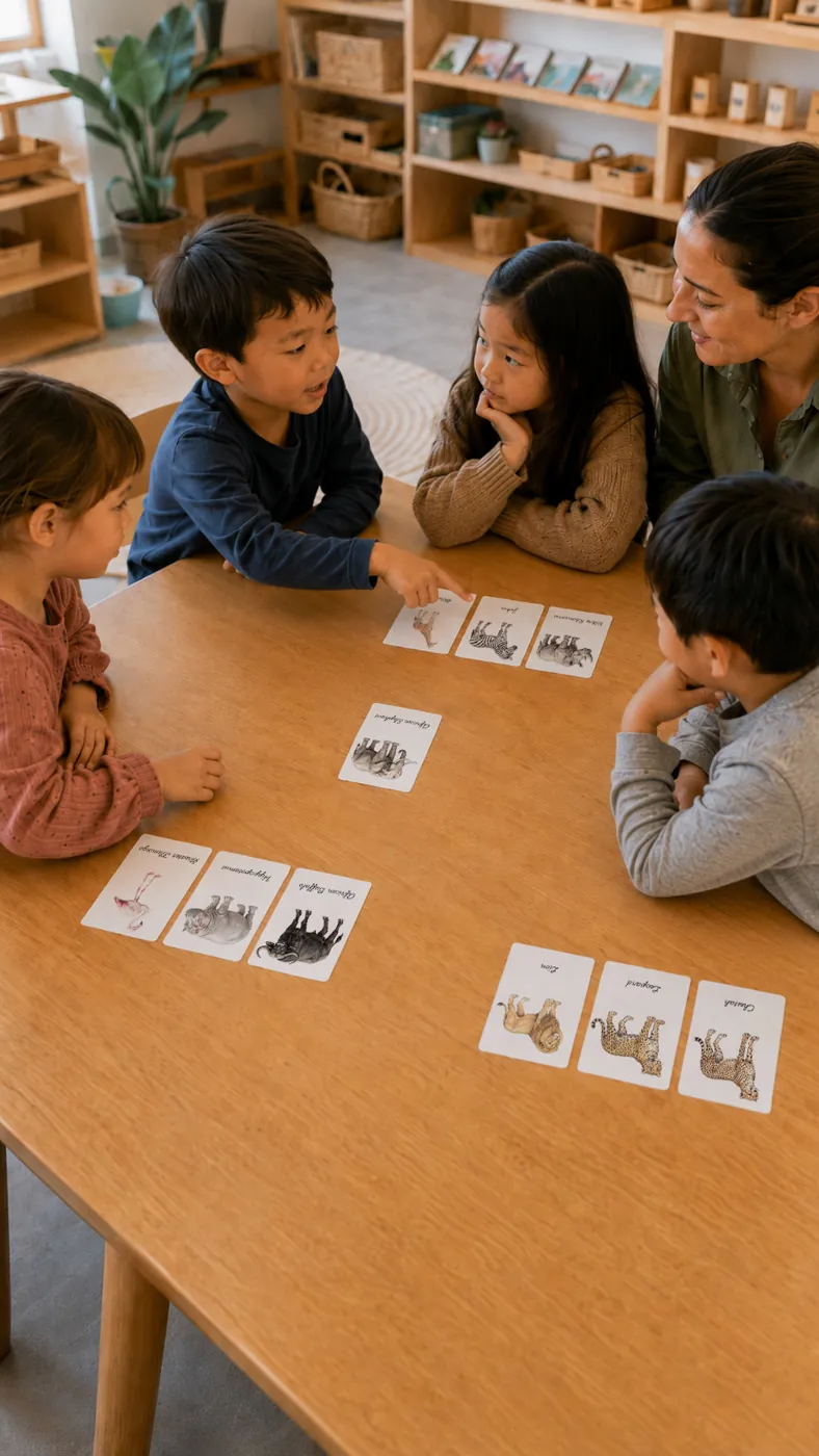 A child explaining a card grouping while others listen