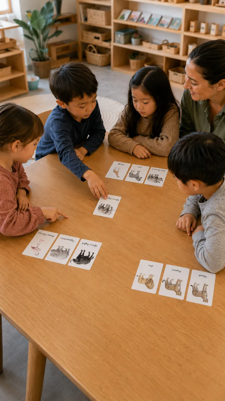 Children sorting flashcards into groups on a table