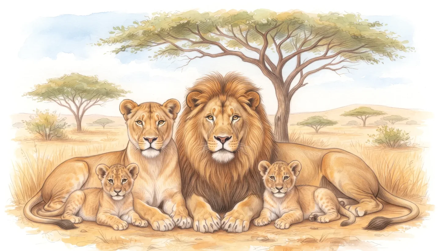 A lion pride — lion, lioness, and cub resting under an acacia tree, drawn from the real animals
