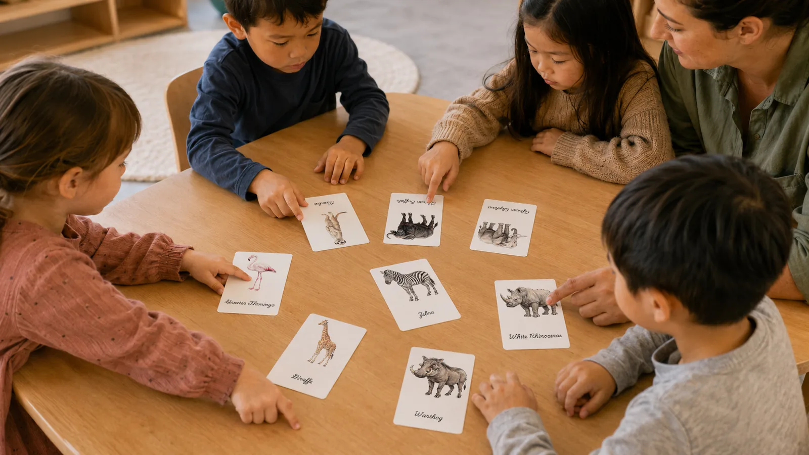 Printable animal flashcards laid out on a wooden table