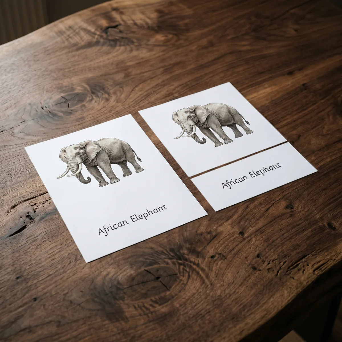 Three Montessori three-part cards on a wooden table